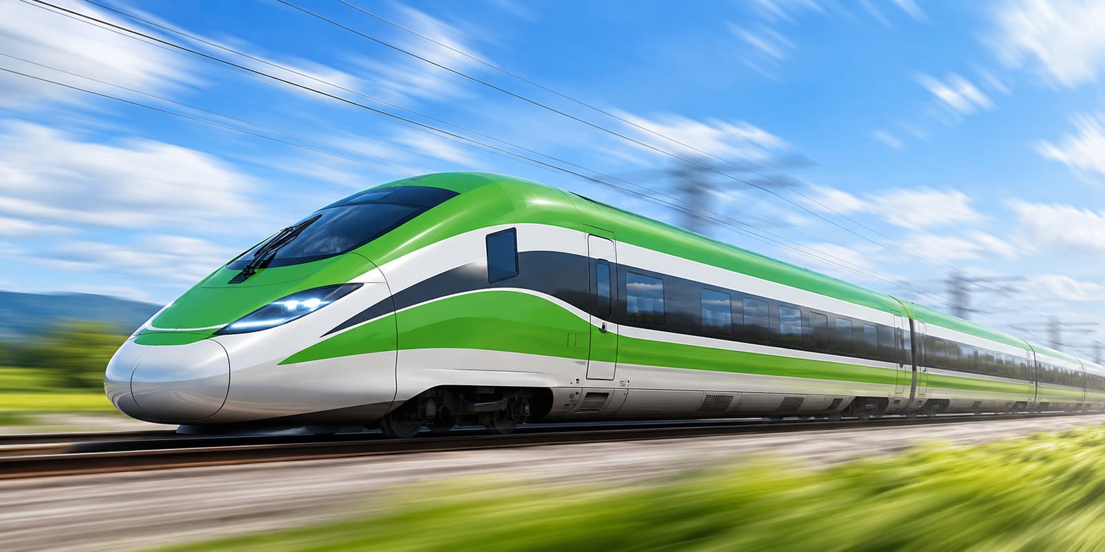 A green high-speed train at full speed, the landscape blurred around it